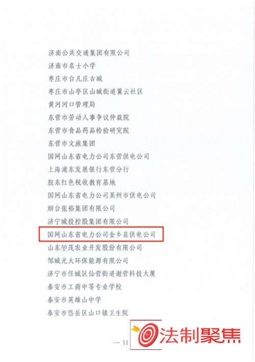 喜报！金乡县国网山东省电力公司金乡县供电公司被评为“全省公益普法联系点”